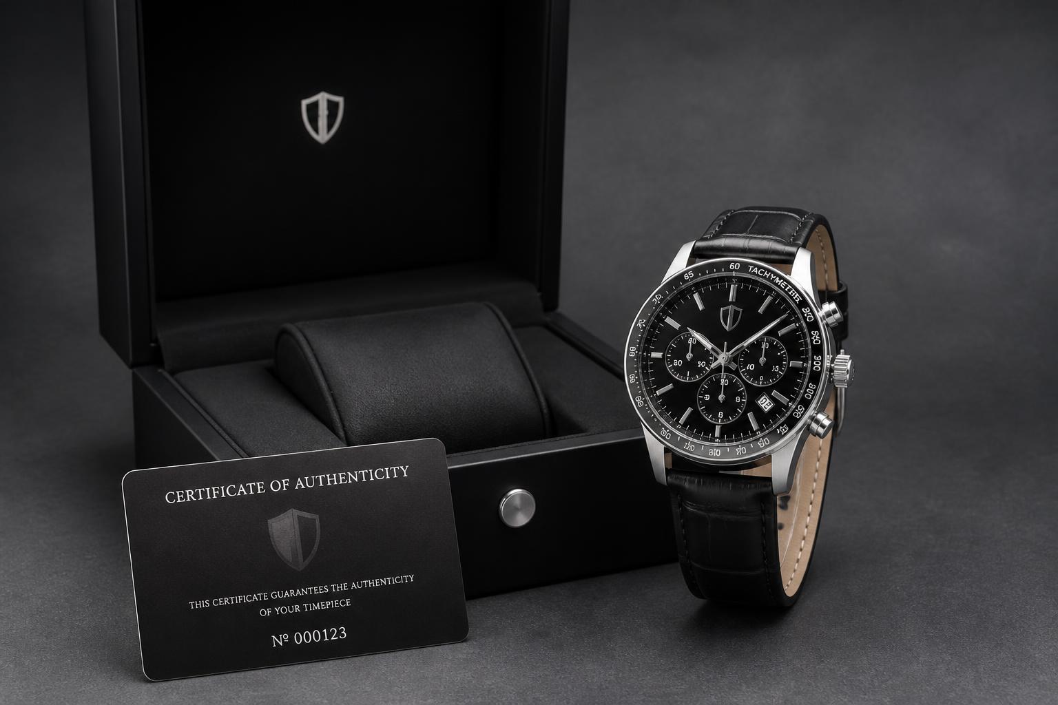 Pbici Chronograph C-01 neben der Geschenkbox mit nummeriertem Zertifikat