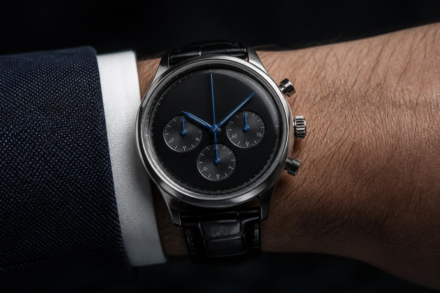 Nahaufnahme des Pbici Chronographen C-01 am Handgelenk unter einer Anzugmanschette